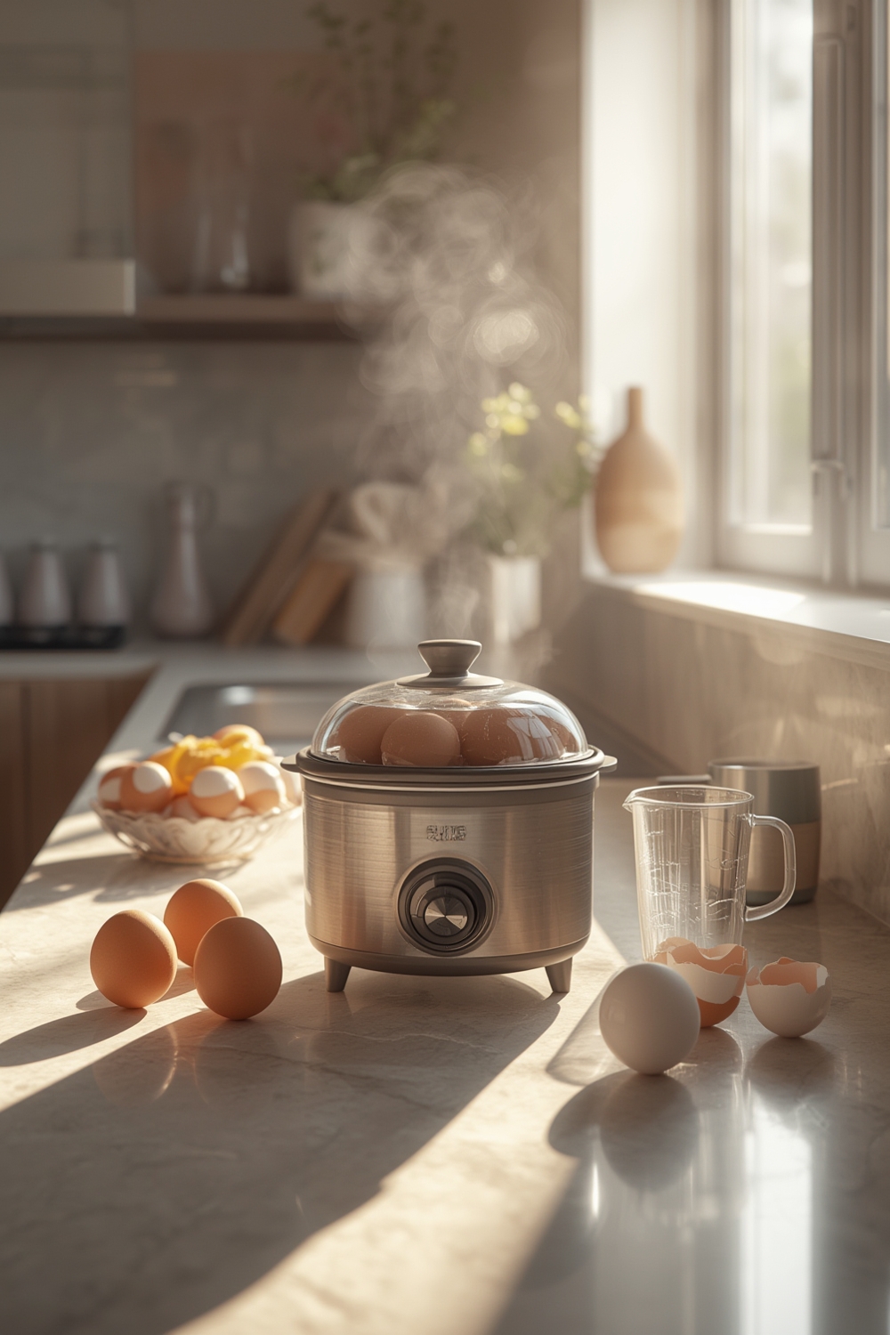 egg cooker Elite Gourmet EGC-007 in use on kitchen counter