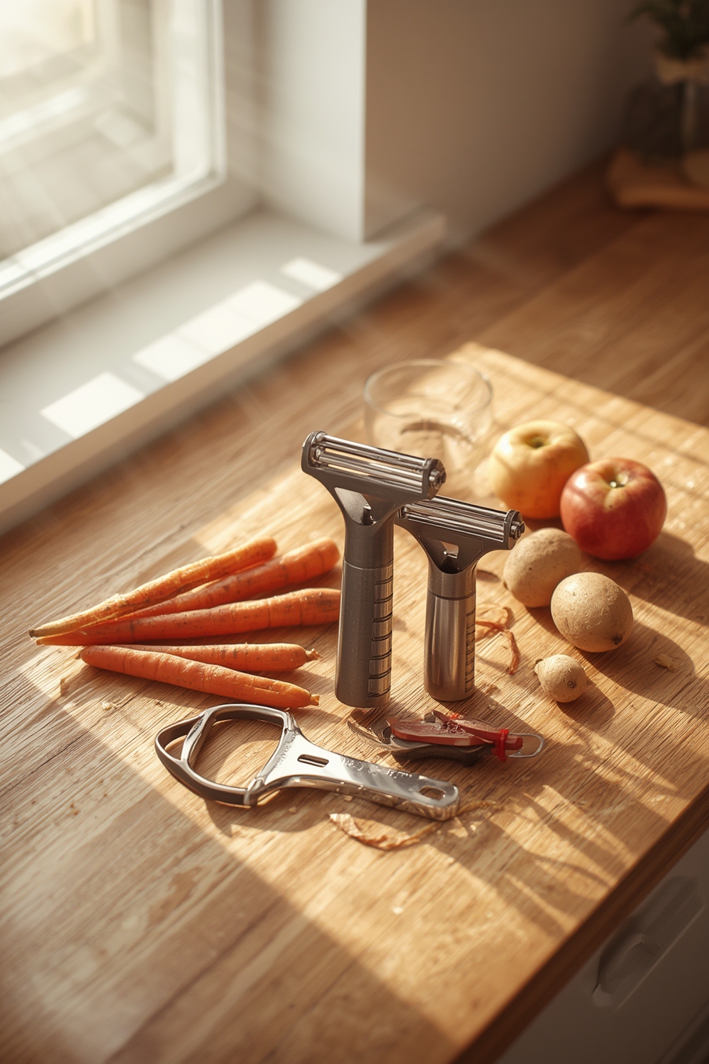 swiss peeler in use, peeling carrot